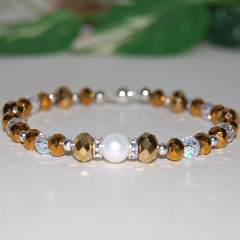 Freshwater Pearl Bracelet,Black Bracelet,Pearl and Black Glass Beads Bracelet